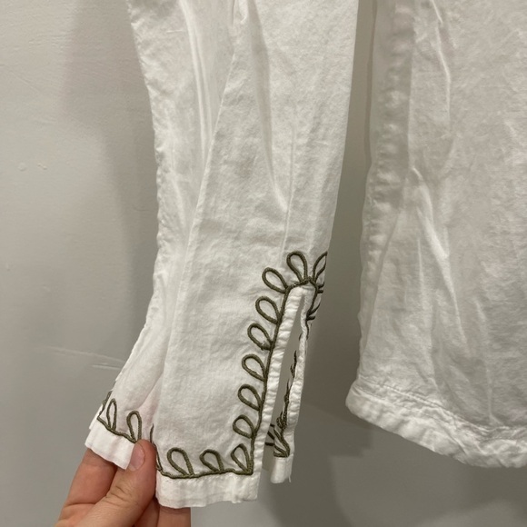 Prana Embroidered Split Neck Lagenlook Top Drawstring Trim Ivory Large Cotton - Picture 3 of 8